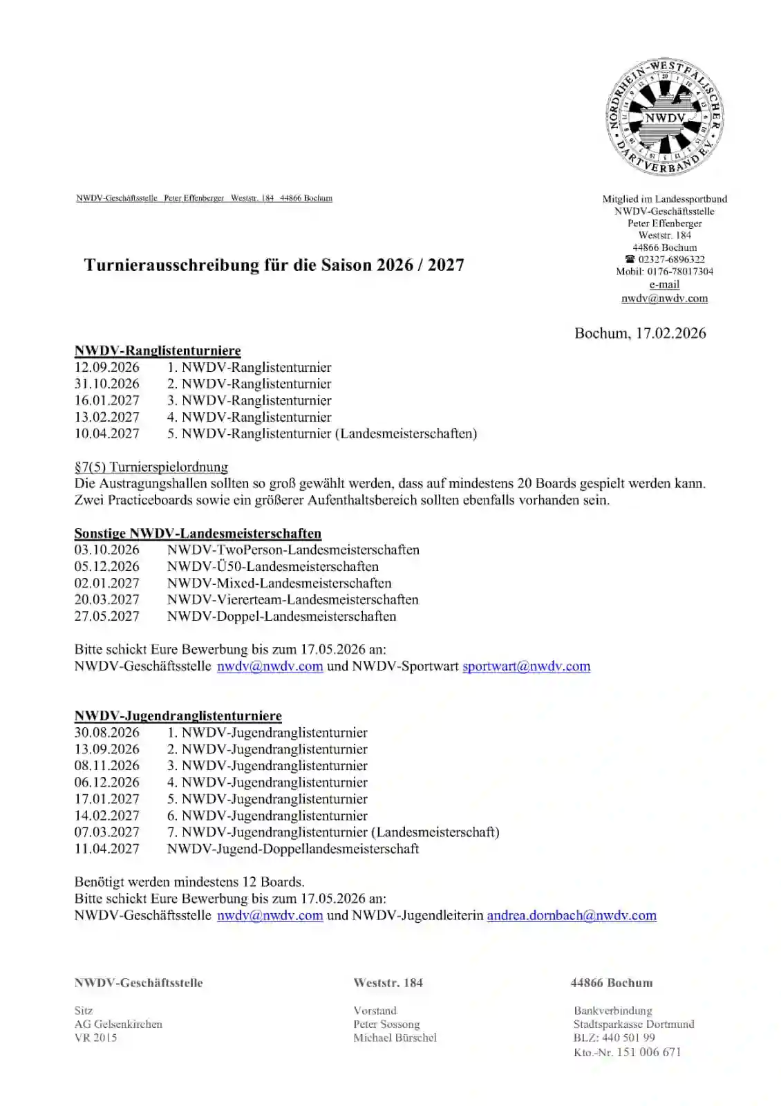 Plakat zur Turnierausschreibung des NWDV für die Saison 2026/2027