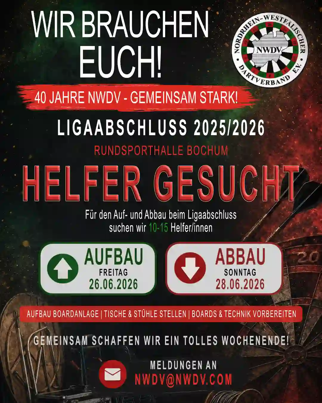 Plakat zur Helfer Suche - Auf-/Abbau beim Ligaabschluss 2025/2026