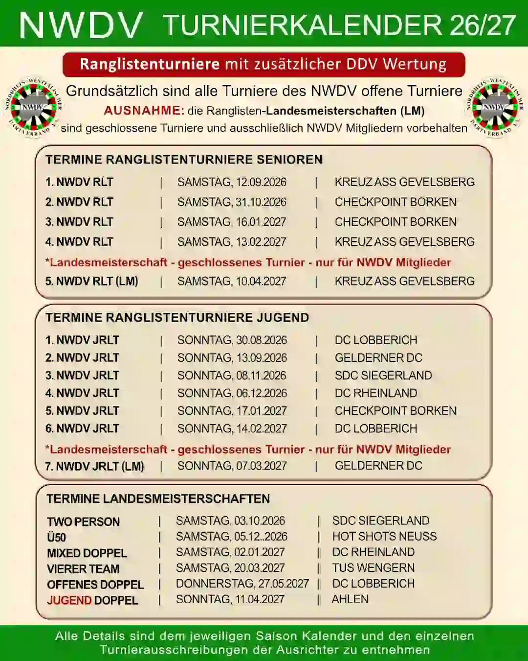 Turnierkalender NWDV Saison 26/27